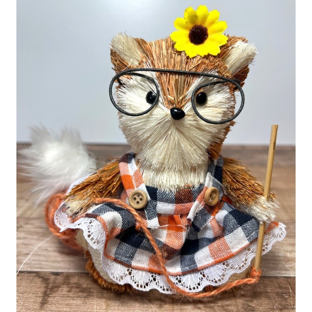 Handcrafted Woodland Hedgehog Figurine With Decorative Plaid Dress & Sunflower